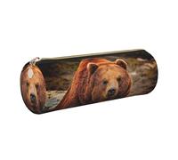 DNBCLEZK Grizzly Bear Cute Round Leather Pencil Case,Premium Smooth Zipper Durable Metal Puller,Full-Print Designer Stationery Organizer for School Office