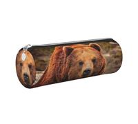 DNBCLEZK Grizzly Bear Cylinder Leather Pencil Case, Multifunctional Full Print Cross Grain PVC Pen Pouch,Lightweight Portable Stationery Bag