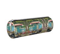 DNBCLEZK Happy Camper Cylinder Leather Pencil Case, Multifunctional Full Print Cross Grain PVC Pen Pouch,Lightweight Portable Stationery Bag