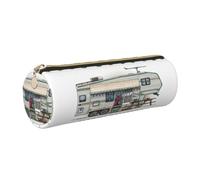 DNBCLEZK Happy Camper Cylinder Leather Pencil Case, Multifunctional Full Print Cross Grain PVC Pen Pouch,Lightweight Portable Stationery Bag