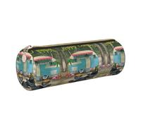 DNBCLEZK Happy Camper Cylinder Leather Pencil Case, Multifunctional Full Print Cross Grain PVC Pen Pouch,Lightweight Portable Stationery Bag