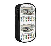 DNBCLEZK Happy Camper Double Layer Large Capacity Pencil Case,Print Polyester Oxford-Cloth Stationery Pouch with Multi Slots, Multi-Compartment Storage Bag