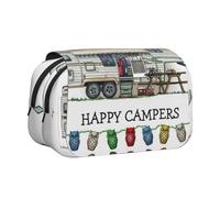 DNBCLEZK Happy Camper Flip Top Double Layer Pencil Case,Full Print Oxford-Cloth Stationery Pouch with Zipper and Sticky Flap,Large Capacity Pencil Bag