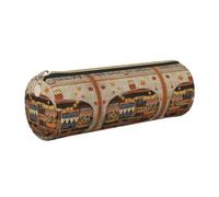 DNBCLEZK Happy Fall Camper Cylinder Leather Pencil Case, Multifunctional Full Print Cross Grain PVC Pen Pouch,Lightweight Portable Stationery Bag