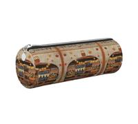 DNBCLEZK Happy Fall Camper Cylinder Leather Pencil Case, Multifunctional Full Print Cross Grain PVC Pen Pouch,Lightweight Portable Stationery Bag