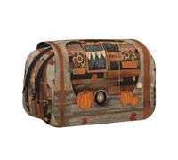 DNBCLEZK Happy Fall Camper Flip Top Double Layer Pencil Case,Full Print Oxford-Cloth Stationery Pouch with Zipper and Sticky Flap,Large Capacity Pencil Bag