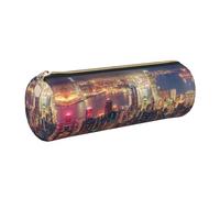 DNBCLEZK Hong Kong Cute Round Leather Pencil Case,Premium Smooth Zipper Durable Metal Puller,Full-Print Designer Stationery Organizer for School Office
