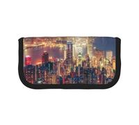DNBCLEZK Hong Kong Large Capacity Canvas Pencil Case with Full Print Black Trim,Multipurpose Makeup Bag Organizer, Double Zipper Closure (19x9x5 Cm)