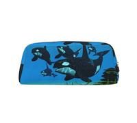 DNBCLEZK Killer Whales Swim Along Customizable Leather Zipper Pencil Case, Full-Print Design School and Office Stationery Holder (Personalized Pattern)