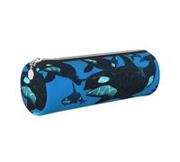 DNBCLEZK Killer Whales Swim Along Cute Round Leather Pencil Case,Premium Smooth Zipper Durable Metal Puller,Full-Print Designer Stationery Organizer for School Office