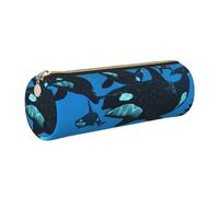 DNBCLEZK Killer Whales Swim Along Cute Round Leather Pencil Case,Premium Smooth Zipper Durable Metal Puller,Full-Print Designer Stationery Organizer for School Office