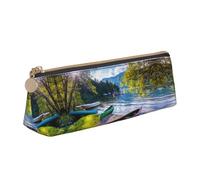 DNBCLEZK Lake with Boats Canoes Park Cute Leather Triangular Pencil Case,Premium Smooth Zipper Durable Metal Puller,Full-Print Designer Stationery Organizer for School Office