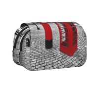 DNBCLEZK London Red Telephone Booth Flip Top Double Layer Pencil Case,Full Print Oxford-Cloth Stationery Pouch with Zipper and Sticky Flap,Large Capacity Pencil Bag