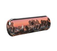 DNBCLEZK Los Angeles Palm Trees Cylinder Leather Pencil Case, Multifunctional Full Print Cross Grain PVC Pen Pouch,Lightweight Portable Stationery Bag