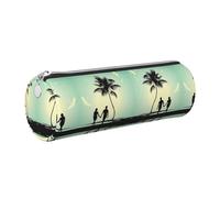 DNBCLEZK Married Couple Walking On The Beach Cute Round Leather Pencil Case,Premium Smooth Zipper Durable Metal Puller,Full-Print Designer Stationery Organizer for School Office