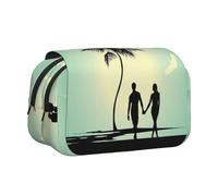 DNBCLEZK Married Couple Walking On The Beach Flip Top Double Layer Pencil Case,Full Print Oxford-Cloth Stationery Pouch with Zipper and Sticky Flap,Large Capacity Pencil Bag