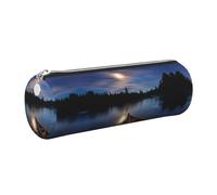 DNBCLEZK Moonlit River Cute Round Leather Pencil Case,Premium Smooth Zipper Durable Metal Puller,Full-Print Designer Stationery Organizer for School Office
