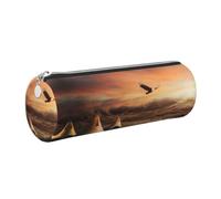 DNBCLEZK Native American Tribes Cylinder Leather Pencil Case, Multifunctional Full Print Cross Grain PVC Pen Pouch,Lightweight Portable Stationery Bag