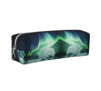 DNBCLEZK Northern Lights Bear Cute Leather Pencil Case,Premium Smooth Zipper Durable Metal Puller,Full-Print Designer Stationery Organizer for School Office