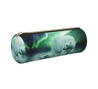 DNBCLEZK Northern Lights Bear Cute Round Leather Pencil Case,Premium Smooth Zipper Durable Metal Puller,Full-Print Designer Stationery Organizer for School Office