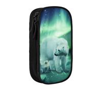 DNBCLEZK Northern Lights Bear Double Layer Large Capacity Pencil Case,Print Polyester Oxford-Cloth Stationery Pouch with Multi Slots, Multi-Compartment Storage Bag