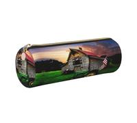 DNBCLEZK Old Tractor Photo Farm Cute Round Leather Pencil Case,Premium Smooth Zipper Durable Metal Puller,Full-Print Designer Stationery Organizer for School Office