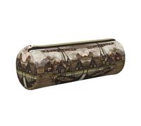 DNBCLEZK Old Viking Boat Cute Round Leather Pencil Case,Premium Smooth Zipper Durable Metal Puller,Full-Print Designer Stationery Organizer for School Office