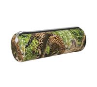 DNBCLEZK Panther On Tree Trunk Waterfall Cute Round Leather Pencil Case,Premium Smooth Zipper Durable Metal Puller,Full-Print Designer Stationery Organizer for School Office
