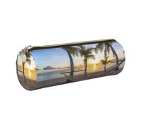 DNBCLEZK Paradise Beach Palm Trees Cylinder Leather Pencil Case, Multifunctional Full Print Cross Grain PVC Pen Pouch,Lightweight Portable Stationery Bag