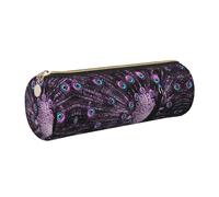 DNBCLEZK Purple Peacock Cute Round Leather Pencil Case,Premium Smooth Zipper Durable Metal Puller,Full-Print Designer Stationery Organizer for School Office
