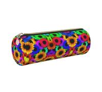 DNBCLEZK Rainbow Sunflower Cute Round Leather Pencil Case,Premium Smooth Zipper Durable Metal Puller,Full-Print Designer Stationery Organizer for School Office