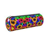 DNBCLEZK Rainbow Sunflower Cute Round Leather Pencil Case,Premium Smooth Zipper Durable Metal Puller,Full-Print Designer Stationery Organizer for School Office