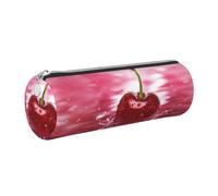 DNBCLEZK Red Cherries Cylinder Leather Pencil Case, Multifunctional Full Print Cross Grain PVC Pen Pouch,Lightweight Portable Stationery Bag