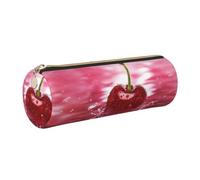 DNBCLEZK Red Cherries Cylinder Leather Pencil Case, Multifunctional Full Print Cross Grain PVC Pen Pouch,Lightweight Portable Stationery Bag
