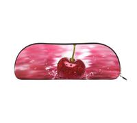 DNBCLEZK Red Cherries Semicircular Pencil Case, Full-Pattern Printed Pen Pouch, Premium PVC Cross-Grain Leather with Polyester Lining