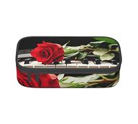 DNBCLEZK Red Rose On Piano Large Canvas Pencil Case with Compartments for Girls Boys,Personalised Printed Stationery Storage Case