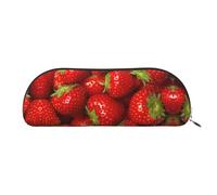 DNBCLEZK Red Strawberry Fruit Semicircular Pencil Case, Full-Pattern Printed Pen Pouch, Premium PVC Cross-Grain Leather with Polyester Lining