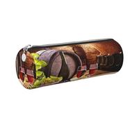 DNBCLEZK Red Wine Cellar Cylinder Leather Pencil Case, Multifunctional Full Print Cross Grain PVC Pen Pouch,Lightweight Portable Stationery Bag