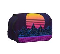 DNBCLEZK Retrowave Pictures Flip Top Double Layer Pencil Case,Full Print Oxford-Cloth Stationery Pouch with Zipper and Sticky Flap,Large Capacity Pencil Bag