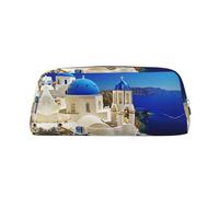DNBCLEZK Santorini Greek Island Sea View Customizable Leather Zipper Pencil Case, Full-Print Design School and Office Stationery Holder (Personalized Pattern)