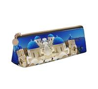 DNBCLEZK Santorini Greek Island Sea View Cute Leather Triangular Pencil Case,Premium Smooth Zipper Durable Metal Puller,Full-Print Designer Stationery Organizer for School Office