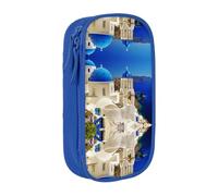 DNBCLEZK Santorini Greek Island Sea View Double Layer Large Capacity Pencil Case,Print Polyester Oxford-Cloth Stationery Pouch with Multi Slots, Multi-Compartment Storage Bag