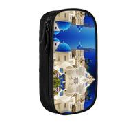 DNBCLEZK Santorini Greek Island Sea View Double Layer Large Capacity Pencil Case,Print Polyester Oxford-Cloth Stationery Pouch with Multi Slots, Multi-Compartment Storage Bag