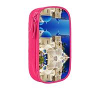 DNBCLEZK Santorini Greek Island Sea View Double Layer Large Capacity Pencil Case,Print Polyester Oxford-Cloth Stationery Pouch with Multi Slots, Multi-Compartment Storage Bag