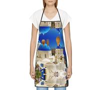 DNBCLEZK Santorini Greek Island Sea View Large Pocket Apron For Men Women,Print Polyester Adjustable Water-Resistant Kitchen Apron With Large Front Pockets For Cooking Gardening