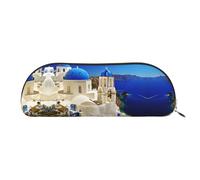 DNBCLEZK Santorini Greek Island Sea View Leather Pencil Case for Girls Boys,Print Cute Personalised Pencil Case Stationery Storage Bags