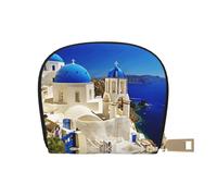 DNBCLEZK Santorini Greek Island Sea View Pu Leather Semicircle Card Holder Wallet, Compact Zipper Card Case with 12 Card Slots 2 Main Compartments,Water-Resistant Small Purse