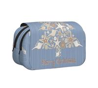 DNBCLEZK Seashell Christmas Flip Top Double Layer Pencil Case,Full Print Oxford-Cloth Stationery Pouch with Zipper and Sticky Flap,Large Capacity Pencil Bag