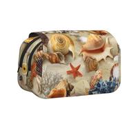 DNBCLEZK Seashell Sandy Beach Theme Flip Top Double Layer Pencil Case,Full Print Oxford-Cloth Stationery Pouch with Zipper and Sticky Flap,Large Capacity Pencil Bag
