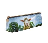 DNBCLEZK Sheep Looking Camera Cute Leather Triangular Pencil Case,Premium Smooth Zipper Durable Metal Puller,Full-Print Designer Stationery Organizer for School Office